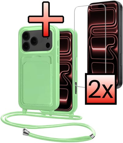 Hoes Geschikt voor iPhone 17 Pro Hoesje Pasjeshouder Cover Met Koord Case Siliconen Hoes Met Telefoonkoord en Kaarthouder Met 2x Screenprotector - Groen