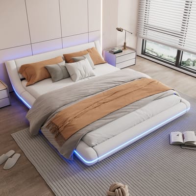 DESMIU Vloerbed 160x200cm – Bed met Veranderbare Ledverlichting – Stabiel Slaapbed met Opbergruimte – Voor Slaapkamer – Pu en Mdf – Wit Zonder Matras