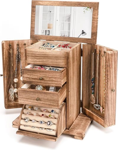 Grote Houten Sieradenbox met Spiegel voor Ringen, Oorbellen, Armbanden en Kettingen - Retro Bruin Design
