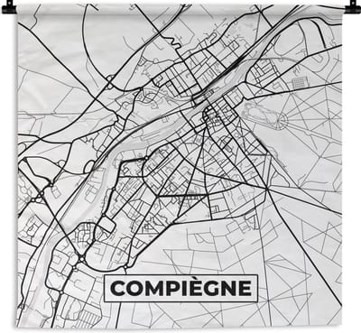 Wandkleed - Wanddoek - Compiègne - Kaart - Stadskaart - Frankrijk - Plattegrond - Zwart wit - 180x180 cm - Wandtapijt