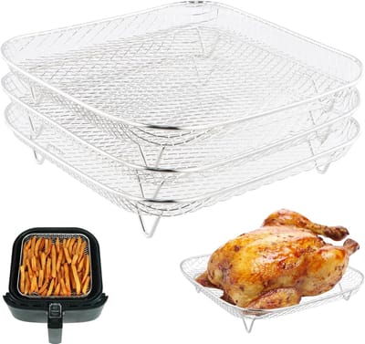 KZQ 3-delige vierkante airfryer-rekset, gemaakt van 304 roestvrij staal, inclusief stapelbare airfryer-mandjes, geschikt voor koken, bakken en dehydrateren.