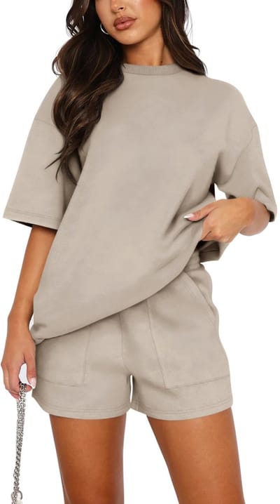 Vrouwen Katoen Korte Mouw Trainingspak Set Ronde Hals Effen Kleur Shirt en Shorts met twee Zakken Tweedelige Outfit co ord Sets