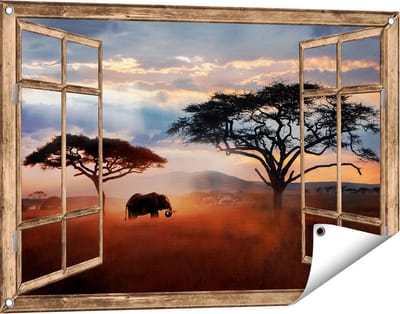 Gards Tuinposter Doorkijk Olifant in het Wild - Savanne - 90x60 cm - Tuindoek - Tuindecoratie - Wanddecoratie buiten - Tuinschilderij