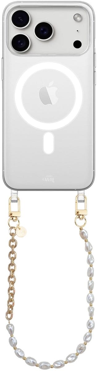 xoxo Wildhearts magnetisch hoesje geschikt voor iPhone 17 Pro Max MagSafe - Over The Moon - Transparant telefoonhoesje met koord - Telefoonkoord - Parelketting met gouden schakels - Kort koord