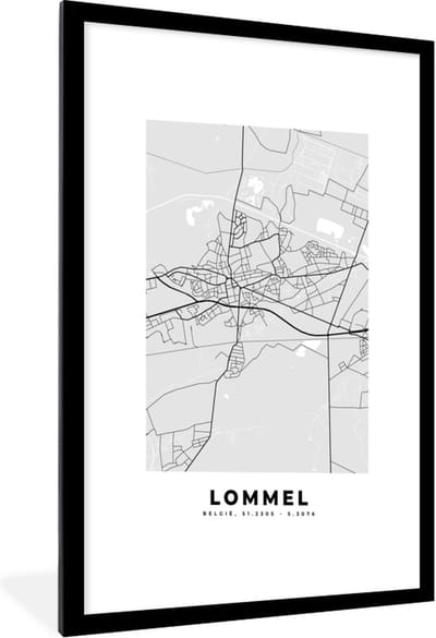 Fotolijst incl. Poster Zwart Wit- Zwart Wit – België – Plattegrond – Stadskaart – Kaart – Lommel - 60x90 cm - Posterlijst