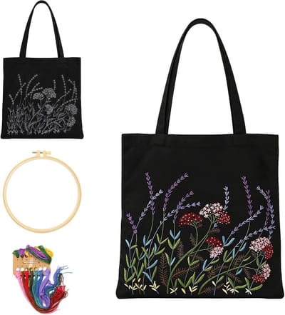 Volledige Borduurset voor Volwassenen met Canvas Tote Bag, Startset voor Borduren, Inclusief Borduurlijst en Instructies voor Beginners met Bloemmotief