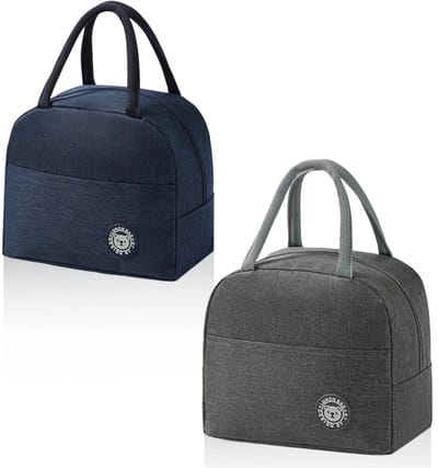 Dailygoods- Lunchtas 2 Stuks - Kleine Koeltassen - Grijs/Marineblauw - Praktische Hengsels - Voor School/Kantoor - Zijvakken - Koeltas