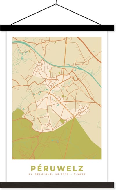 Posterhanger incl. Poster 40x60 cm - Schoolplaat - Stadskaart - Retro - Péruwelz - Kaart - Plattegrond - Textielposter - Zwarte latten - Stadskaart