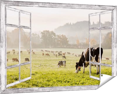 Gards Tuinposter Doorkijk Zwart Witte Koeien in de Wei - 150x100 cm - Tuindoek - Tuindecoratie - Wanddecoratie buiten - Tuinschilderij