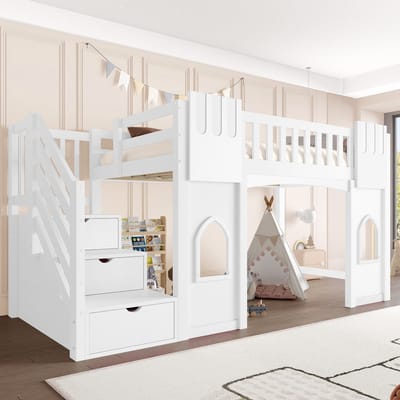 MEUNIQ Hoogslaper 90 x 200 cm met trap met opbergruimte, raam, lattenbodem en uitvalbeveiliging voor kinderkamer, wit