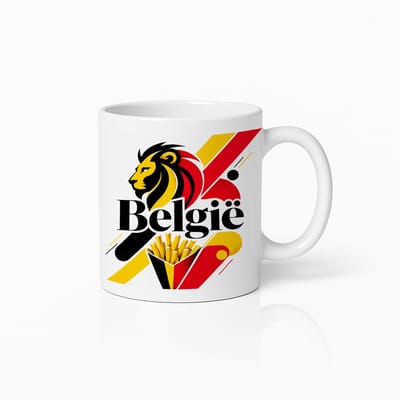 België Leeuw Voetbal Mok – Belgische Vlag Friet Design – Witte Koffiemok 330 ml – België Supporter Cadeau Beker