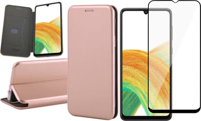 Hoesje geschikt voor Samsung Galaxy A33 - Book Case Kunstlederen Wallet Cover Minimalistisch Pasjeshouder Hoes Roségoud - Full Tempered Glass Screenprotector