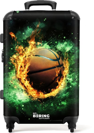 NoBoringSuitcases.com® - Kinderkoffer jongen - Kindertrolley jongens - Basketbal explosie in vlammen - Koffer kind groot - Rolkoffer lichtgewicht - Reiskoffer met 4 wielen - Grote trolley XL - 20 kg bagage
