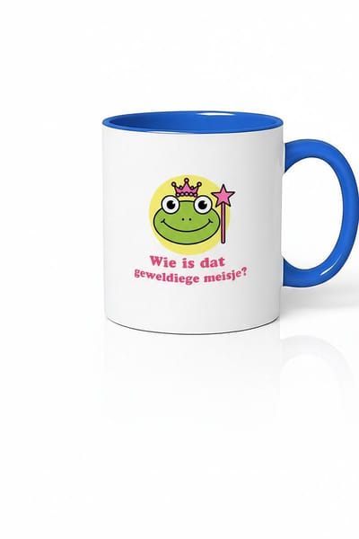 Wie Is Dat Geweldige Meisje Mok 330ml – Witte Keramische Koffiemok met Blauwe Oor – Schattig Prinses Kikker Design Cadeau voor Meisjes