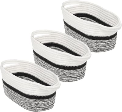 3x Stuks decoratie opbergmand met hengsels 7 liter grijs/zwart/wit 31 x 15 x 15 cm van polyester - Gevlochten manden