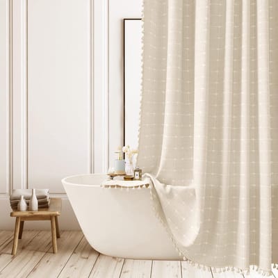 Allecto - Gestreept boho douchegordijn - Rustiek-neutraal - Zware kwaliteit met kwastjes - Beige boho stijl - Verduistering - Geschikt voor binnen ...