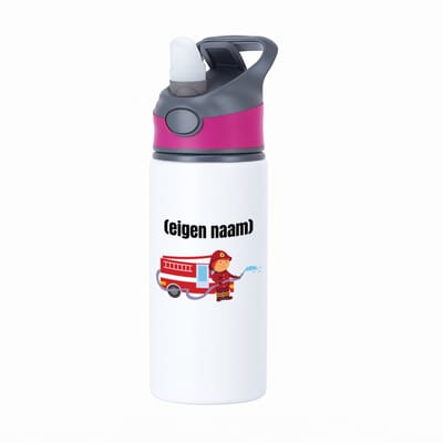 Hacebo® - Brandweerman met brandweerwagen waterfles met rietje roze - Brandweer - iemand die werkt bij de brandweer - met eigen naam - leuk cadeau voor iemand die bij de brandweer werkt - cadeau - kado - water fles - 650ML