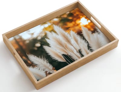 Dienblad hout 50x35 cm - Schootdienblad - Pampasgras - Pluimen - Sierlijk - Borrelplank rechthoek - Plateau dienbladen