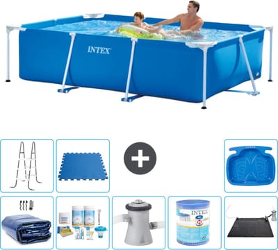 Intex Rechthoekig Frame Zwembad - 260 x 160 x 65 cm - Blauw - Inclusief Solarzeil - Onderhoudspakket - Zwembadfilterpomp - Filter - Solar Mat - Ladder - Voetenbad - Vloertegels - 9-delig