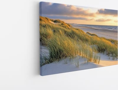 Saammp Canvas Schilderij - Helmgras - strand en zee - Duinen - 45x30 - Foto op canvas - Wanddecoratie - muurdecoratie Woonkamer - Slaapkamer decoratie - Canvas Print