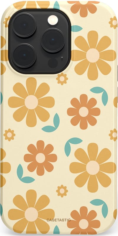 Casetastic hoesje geschikt voor Apple iPhone 14 Pro - MagSafe - Dubbellaagse bescherming - Flower power Retro Bloemen - Geel - Oranje - Blauw - Fashion Case - Crème Goud Perzik