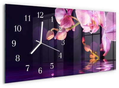 Tulup Wandklok - Orchidee Glazen Klok Met Print - 60x30 cm - Paars Moderne Glazen Wandklok - Witte Handen - Rechthoekige Wandklok - Klok Glas Met Opdruk - Moderne Wandklok Glas