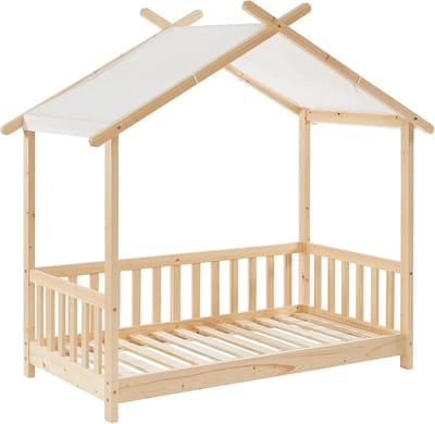 Tentbed Kinderen - Houten Bedstee - Spelen en Slapen - Massief Grenenhout Frame - 70 x 140 cm - Naturel
