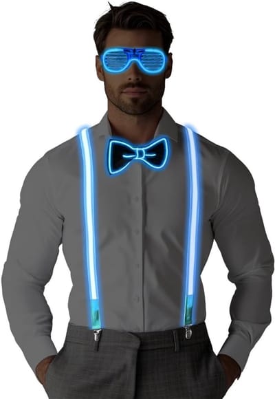 Set van 2 Luminous LED Steunen en Strik, Verlichte Steunen voor Mannen, Ideaal voor Festivals, Halloween en Rave Outfits