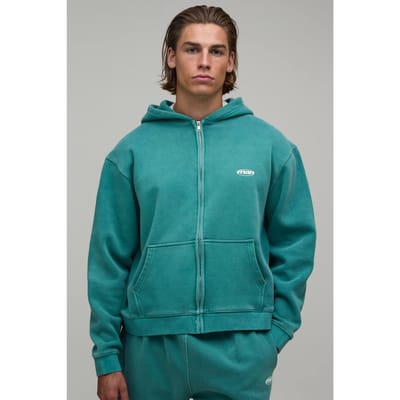 Oversized Heren Sport Washed Ritssluiting Hoodie | Washed Teal | Size Medium