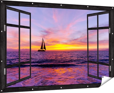 Gards Tuinposter Doorkijk Zeilboot Silhouet bij Zonsondergang - 180x120 cm - Tuindoek - Tuindecoratie - Wanddecoratie buiten - Tuinschilderij