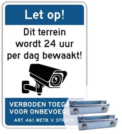 Camerabewaking - 24 uur bewaakt - Weerbestendig Aluminium - 40x60 cm - Bevestiging: Met hekbeugels (voor spijlen- of gaashek)