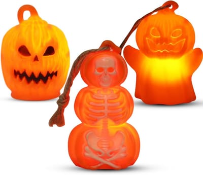Halloween decoratieve led-pompoenverlichting, 3 stuks Halloween pompoen spoken skelet lantaarn, werkt op batterijen, om op te hangen, geschikt voor herfstdecoratie, tafel, feesten, tuin en binnen en