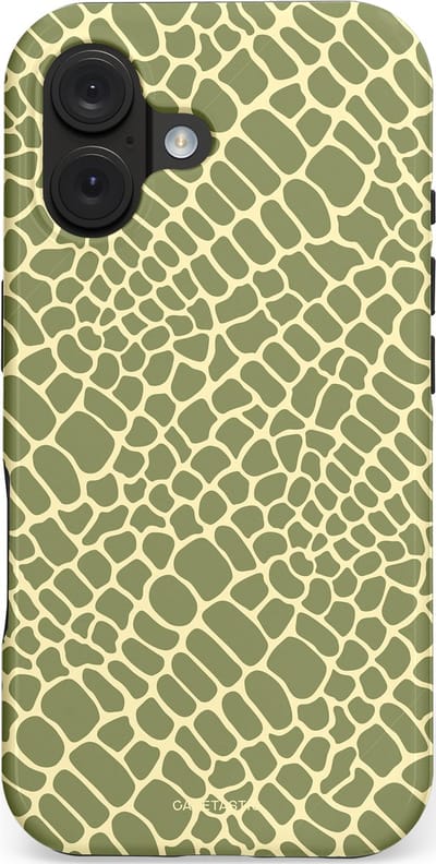 Casetastic hoesje geschikt voor Apple iPhone 16 - MagSafe - Dubbellaagse bescherming - Exotische Groen Geel Krokodillen Schubben - Fashion Case - Saliegroen Beige