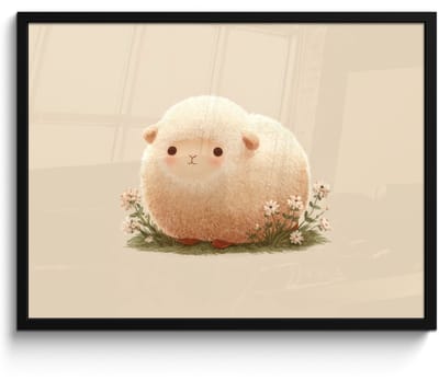 Poster in lijst - Fotolijst 80x60 cm - Posters - Schaap - Beige - Bloemen - Posterlijst zwart - Decoratie - Wanddecoratie woonkamer - Muurdecoratie slaapkamer
