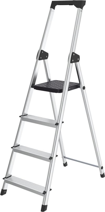 BRASQ Huishoudtrap 4 -treden Zilver - keukentrap inklapbaar aluminium voor Particulier en professioneel gebruik - Trap Ladder - Anti slip