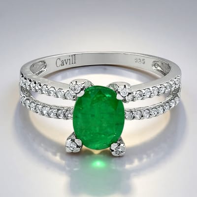 Cavill - Zilveren ring - 925 Sterling zilver geplatineerd - Bahia smaragd 0,93 ct ovaal - 36 zirkonia's 0,278 ct - elegant luxe sieraad maat 17