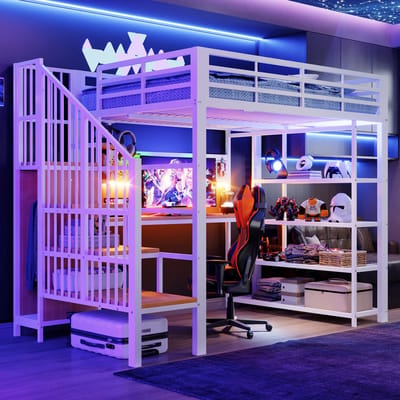 Hoogslaper 140 × 200 Cm, Tweepersoonsbed Lang Bureau En Lang Prikbord, Klein Driehoekig Plankje Met Stopcontacten En Ledstrip, Opbergvakken Met Meerdere Niveaus, Hoge Reling-Wit