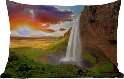Buitenkussens - Tuin - Waterval - Rots - Zonsondergang - Bergen - Oranje - 50x30 cm