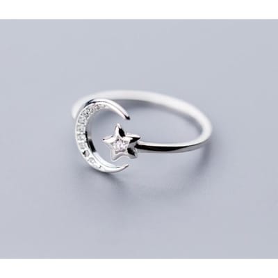Bague ajustable Inzatt en argent sterling 925 véritable avec zircon brillant et étoile de lune pour femme, bijou raffiné et romantique, idéal pour un mariage white