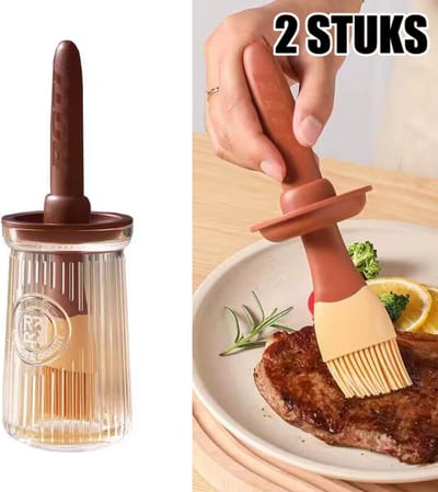 2 STUKS Oliefles met Borstel-Bakkwast voor BBQ of bakker- hittebestendig Siliconen kwast- bruin