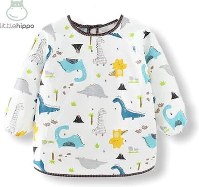 Kinderschort 'Dino' lange mouwen - Slab met mouwen - Slabbetje Little Hippo - Waterafstotend - Knutselen - Kliederschort - 12-36 Maanden