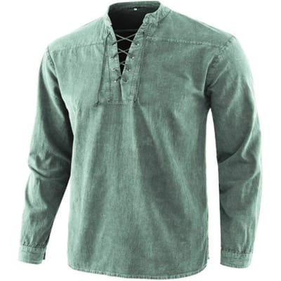 Heren Overhemden met Lange Mouwen Retro Bandage Vetersluiting Overhemden Middeleeuws Piratenhemd Casual Tops S groen