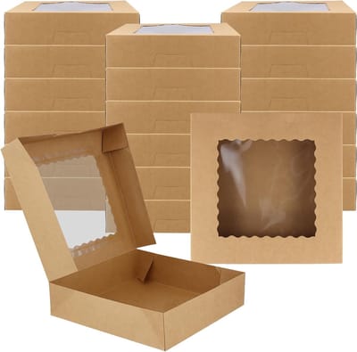 20 Stuks Bruine Taartdozen 26 x 26 x 6.3 cm met Venster, Perfect voor Gebak, Koekjes en Desserts als Cadeauverpakking