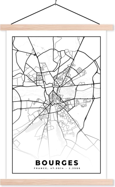 Posterhanger incl. Poster 40x60 cm - Schoolplaat - Stadskaart - Plattegrond - Bourges - Kaart - Frankrijk - Zwart wit - Textielposter - Blanke latten - Stadskaart