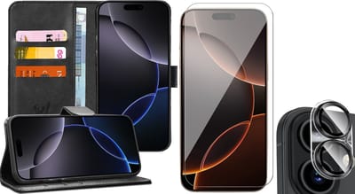 Hoesje geschikt voor iPhone 16 - Screenprotector Glas & Camera - Portemonnee Book Case Zwart