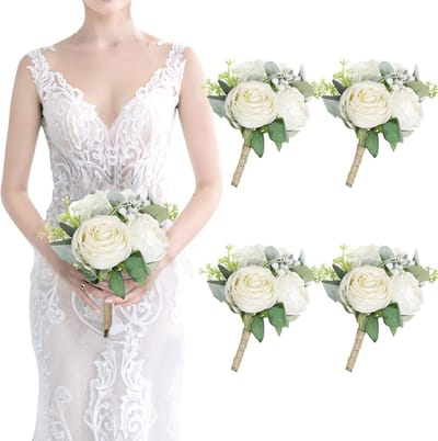 Bruidsmeisjesboeketten Set van 4 Ivorkleurige Kunstbloemen voor Bruiloft en Feesten