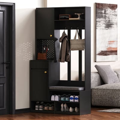 MODFU Kapstok 100x35x180 cm van MDF, met zitbank en 4 haken, zwart