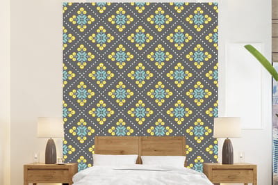 Behang - Fotobehang Design - Ruit - Bloemen - Grijs - Breedte 225 cm x hoogte 280 cm