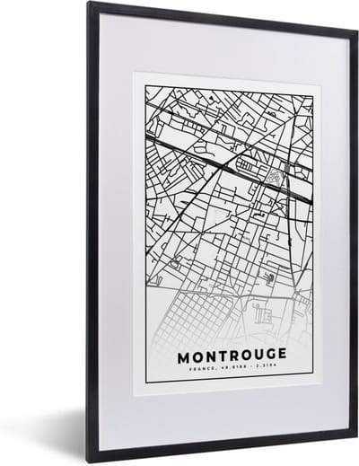 Fotolijst incl. Poster Zwart Wit- Stadskaart – Plattegrond – Montrouge - Kaart – Frankrijk - Zwart wit - 40x60 cm - Posterlijst
