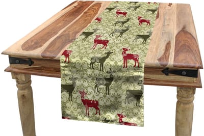 ABAKUHAUS Tafelloper – Damast Sneeuwvlokken-Hert – 40x180 cm – Donkergroen/Rood